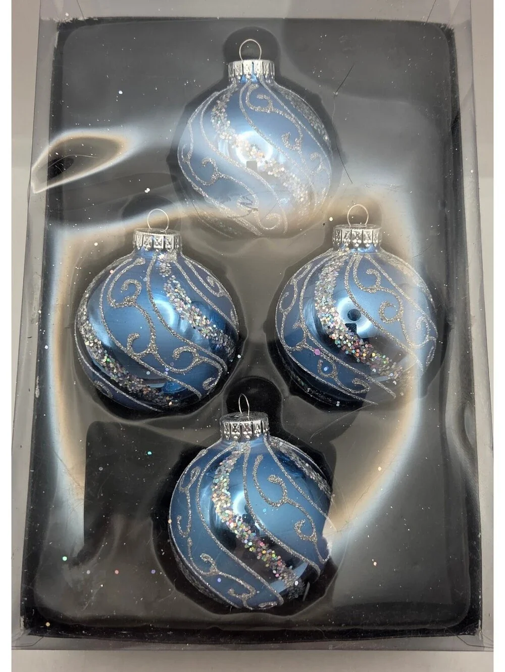 Set of 4 Blue Glass Christmas Ball Ornaments 2.5